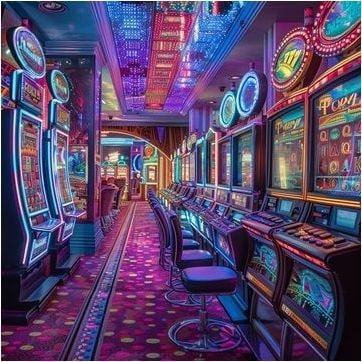 Colorful slot machine reels spinning with winning combinations